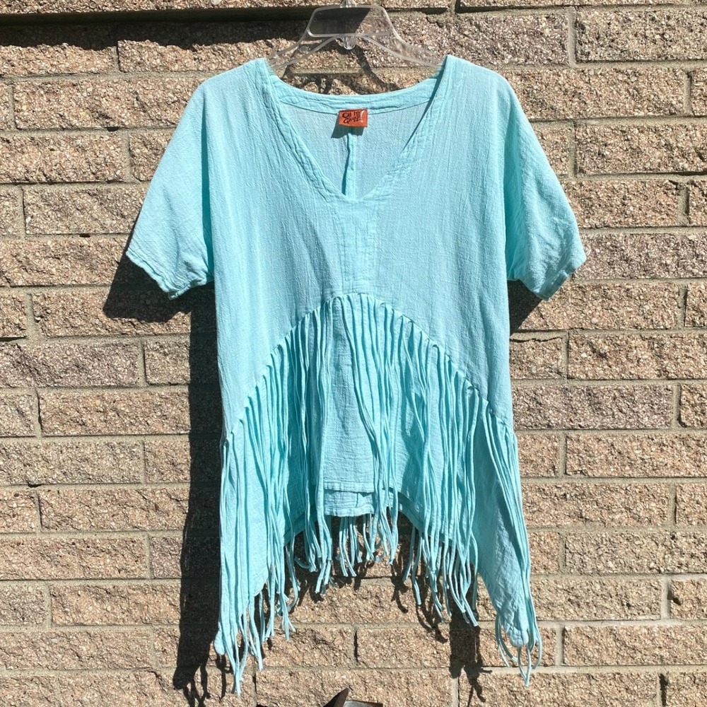 Cotton Fringe Blue Short Sleeve Top XL 2 Lagenlook Boho Hippie Western Festival